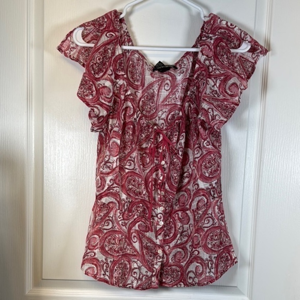 Lucky Brand Floral Paisley Pink White Blouse Flowy Sleeves Size Med EUC #2960